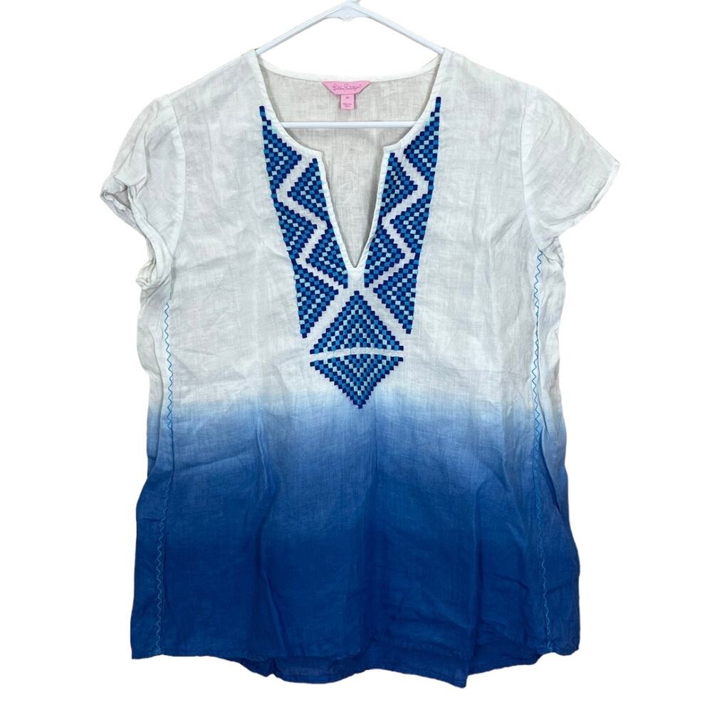 Lilly Pulitzer Breakers Row Blue Ombre Linen Tunic Top Embroidered Women's M